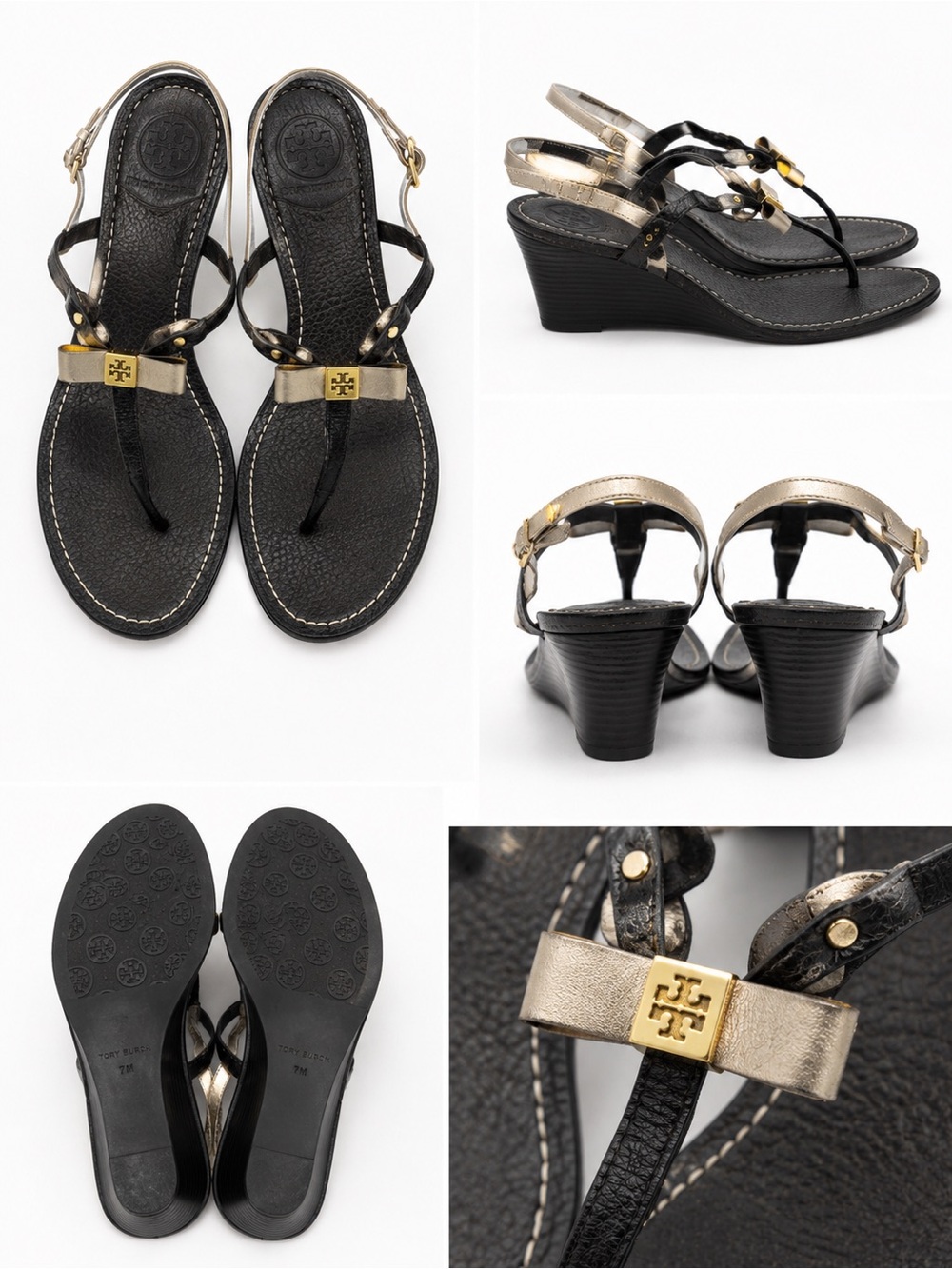 Tory Burch Black and Gold Leather Wedge Thong Sandals